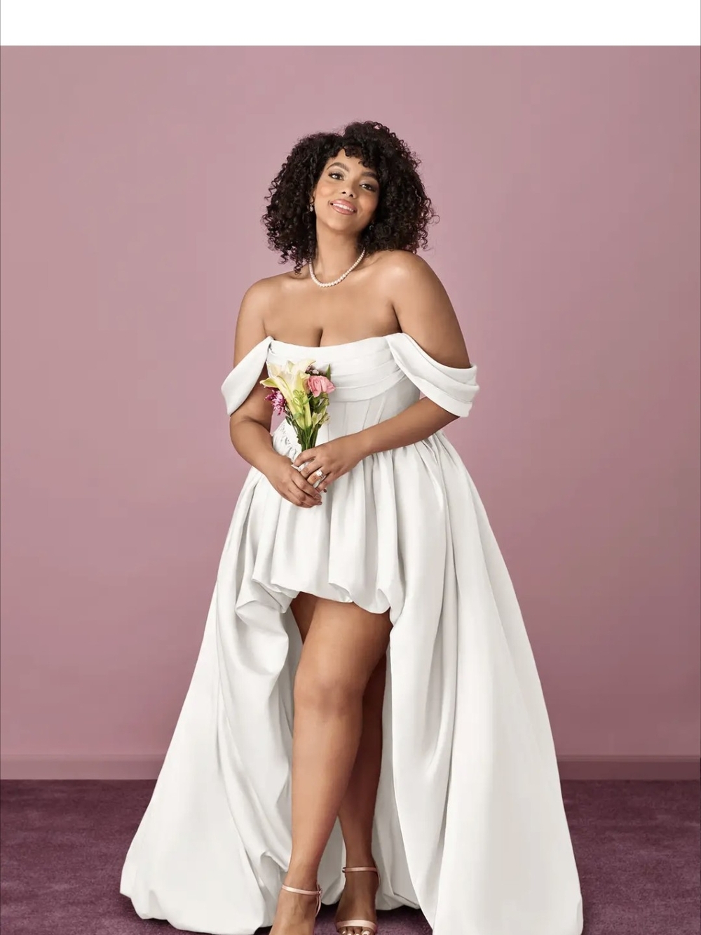 Azazie X Barbie 2006 White Off-Shoulder High-Low Wedding Dress Size W30